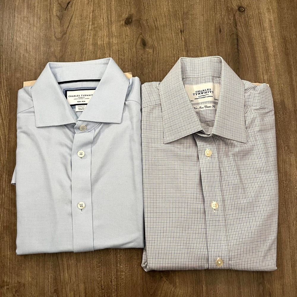 2 Charles Tyrwhitt Dress Shirts Blue Gray White Non Iron Classic Fit 15.5 35/36